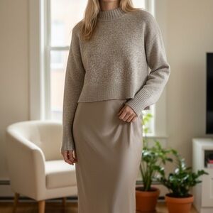 All Saints Grey Cropped Sweater with Satin Midi Skirt